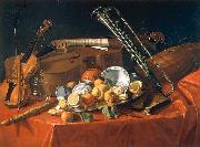 Stilleben mit Musikinstrumenten und Fruchten